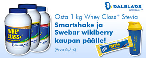Osta 1 kg Whey Class Stevia - Smartshake 1 litra ja Swebar wildberry kaupan päälle! 
