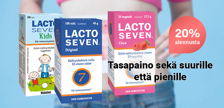 Seitsemän eri kantaa pakastekuivattuja luonnollisia maitohappobakteereita.