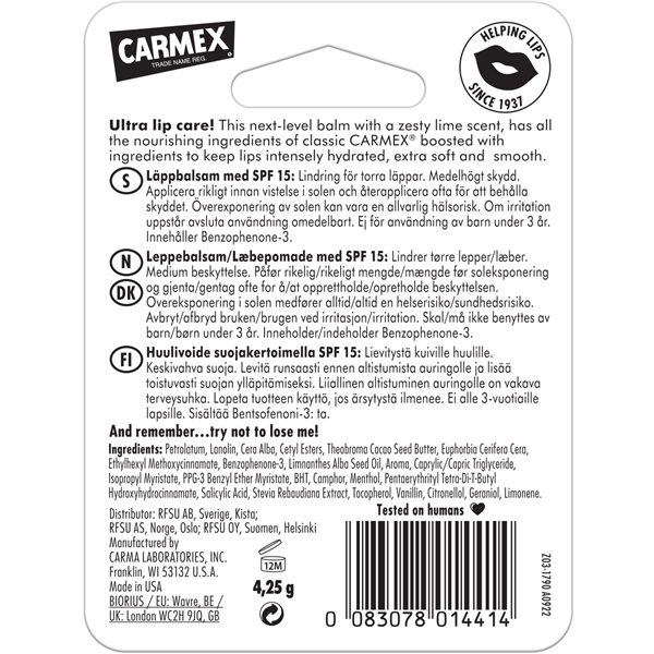 Carmex Lip Balm Lime Twist Stick SPF15 (Kuva 2 tuotteesta 3)