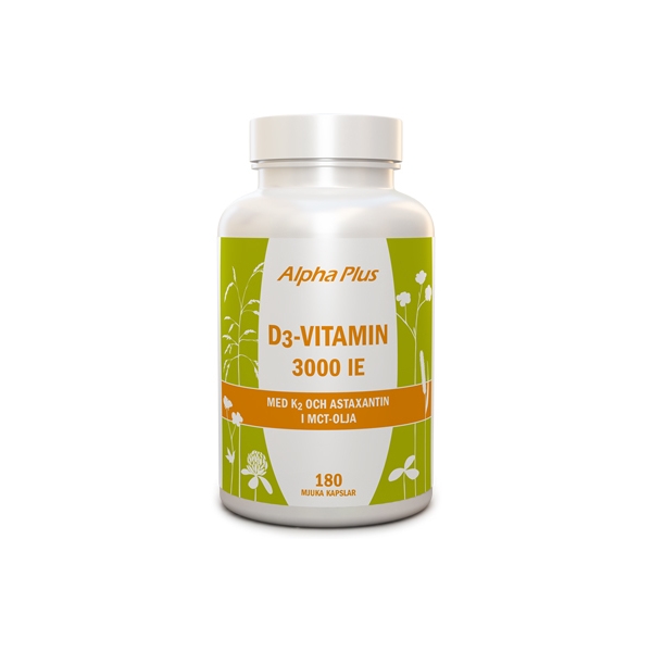 D3-vitamin 3000 IE med K2 och Astaxantin 180 kapselia, Alpha Plus