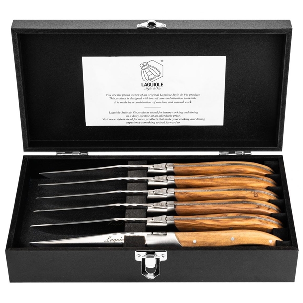 Grilliveitset Laguiole Olive wood suora 6-pack 1 set, Laguiole Style de Vie